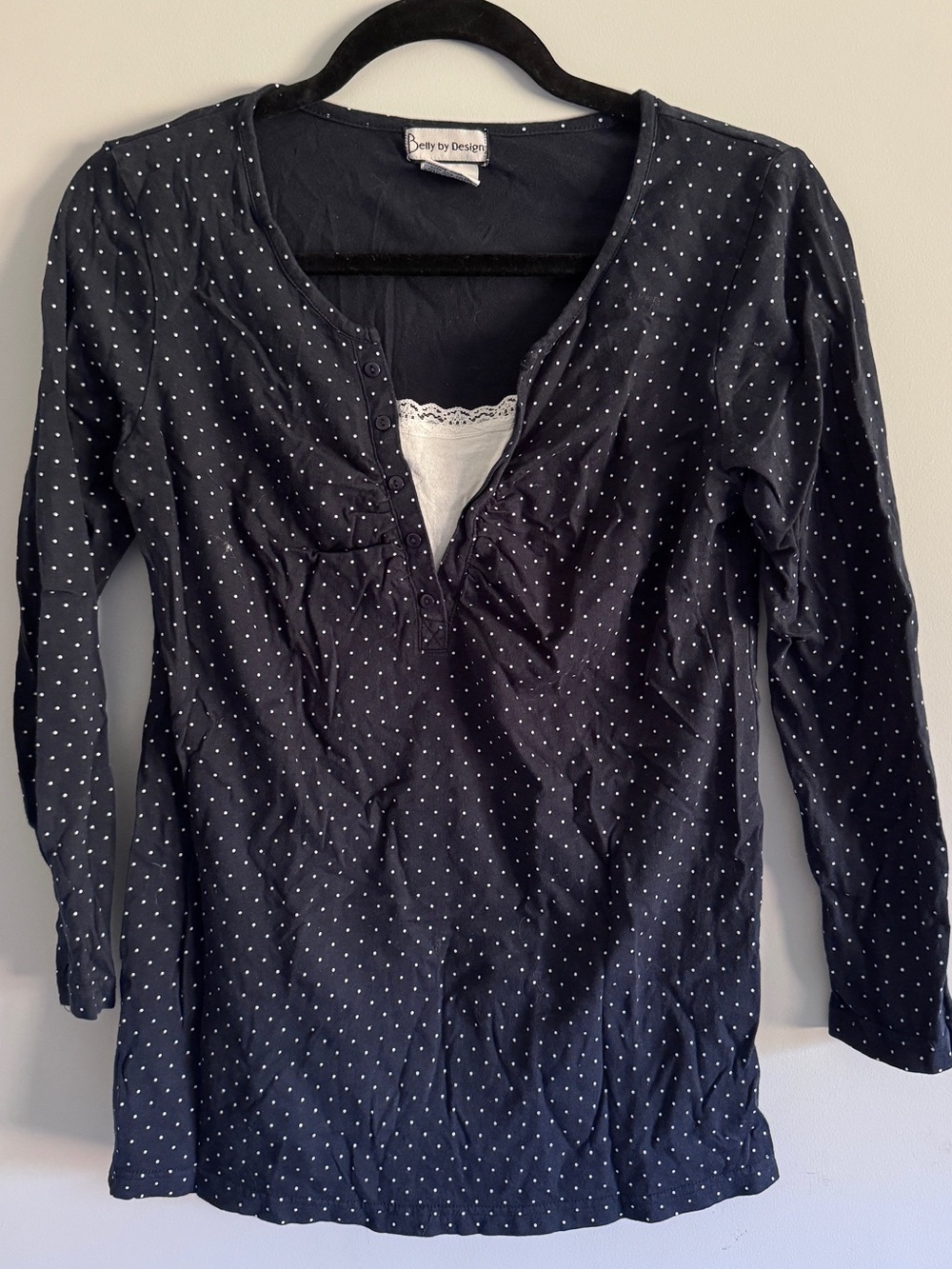 Polka Dot Navy Long Sleeve Top with Lace Cami